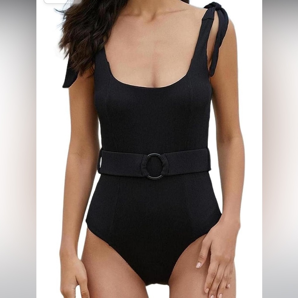 BNWT One Piece Swimsuit Belt Tummy Control Bathing Suits Tie  Swimwear black